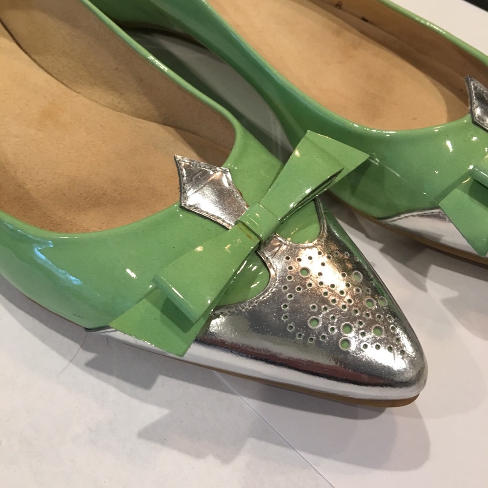 Silver toed flats with patent sea foam green